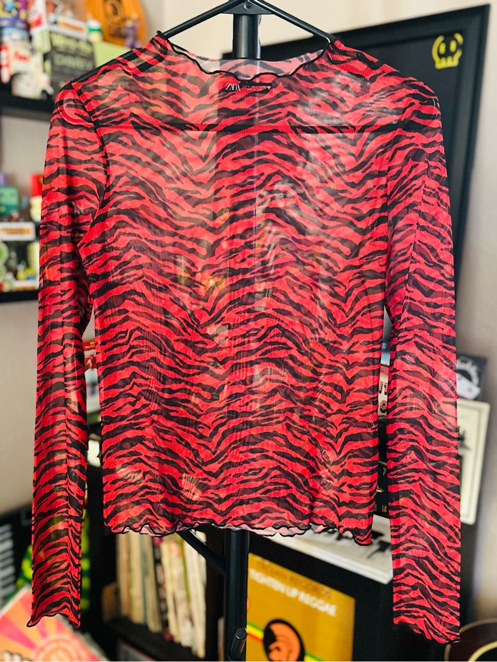 Zara Red and Black Sheer Zebra-Print Long Sleeve Top